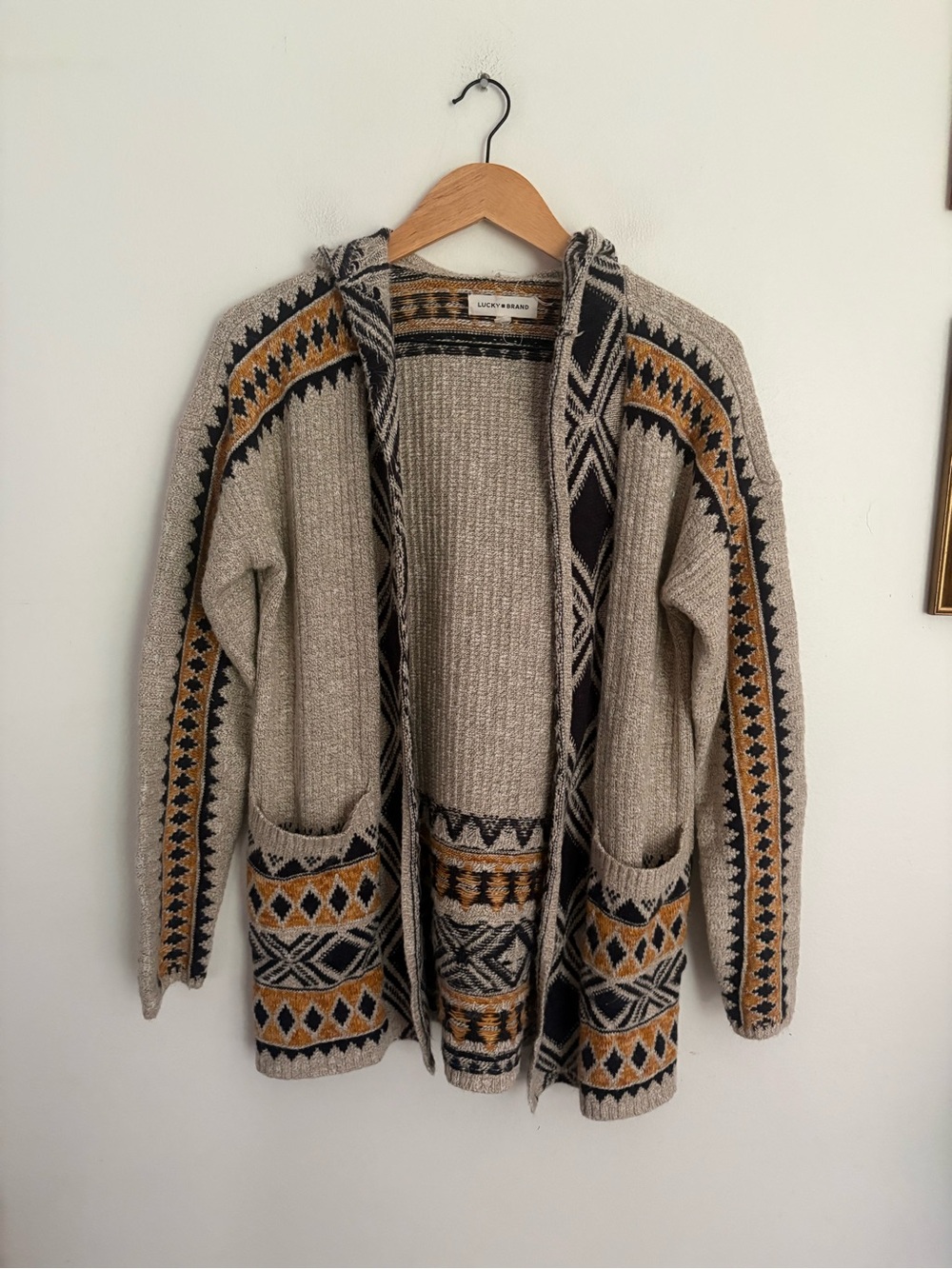 Lucky Brand Hooded Open Cardigan Western Aztec Womens Medium